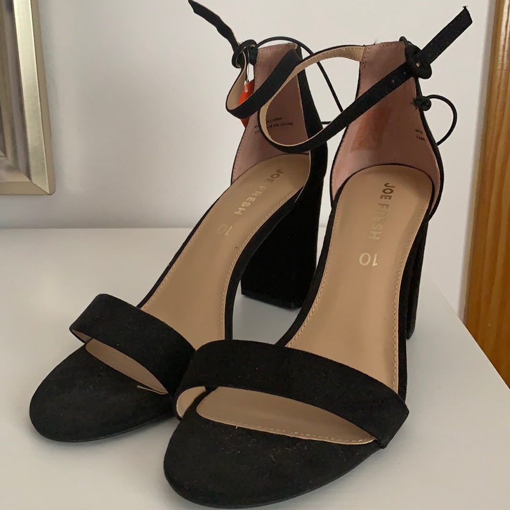 Black suede ankle strap block heels Size 10